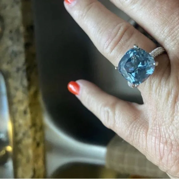 Italo Blue Topaz Ring Hidden Halo Cushion Cut Engagement Ring - Picture 9 of 11